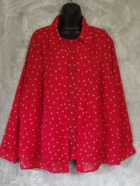 Dialogue Red Button-Down Blouse with Cream Polka Dots